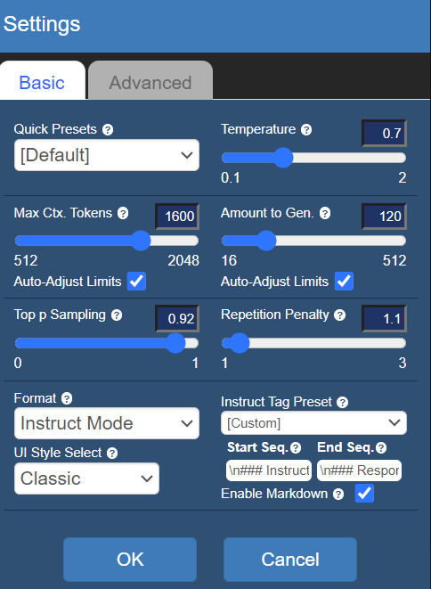 screenshot of KoboldAI Lite